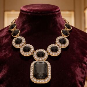Elegant Gold-Tone Statement Necklace w/Black Resin & Pavé Crystals